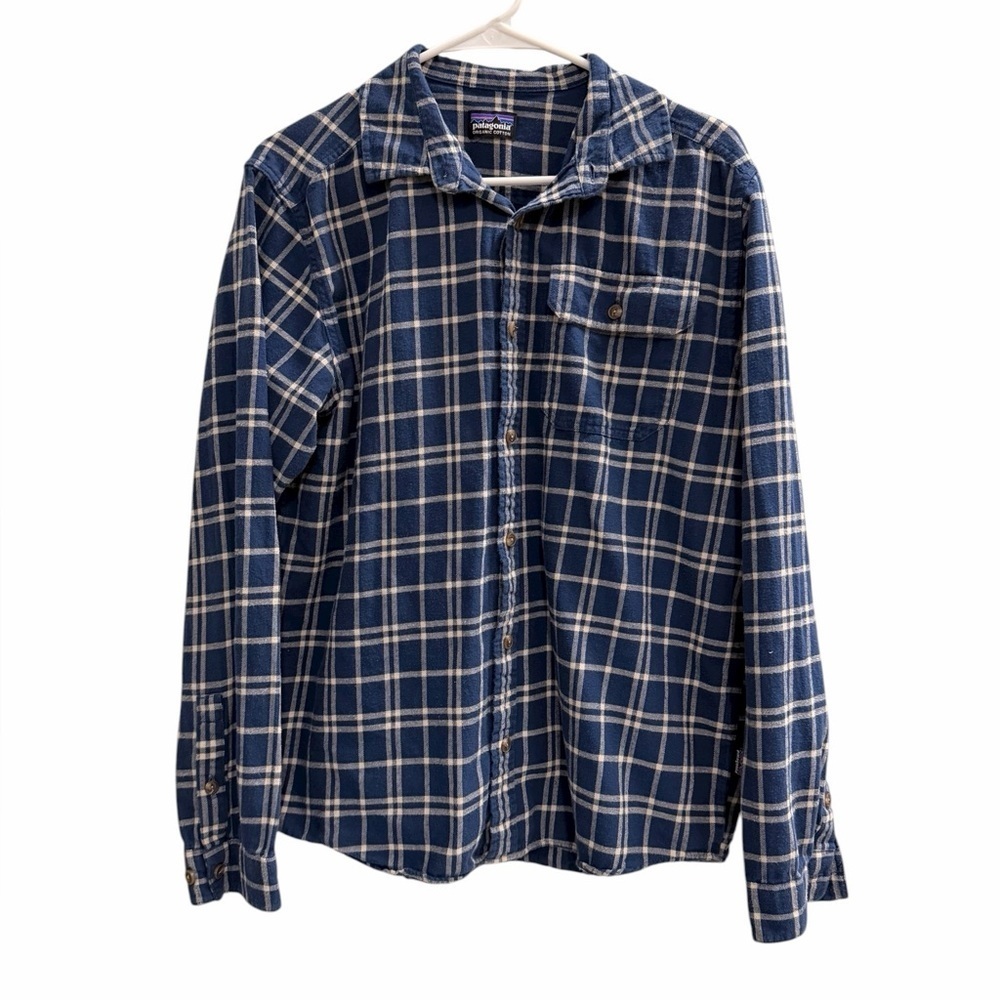 Patagonia Flannel Button Down Shirt Organic Cotton Blue Plaid Size Large